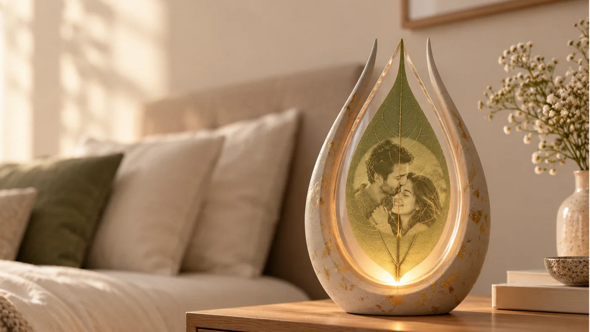 Glowing heart lamp with a couple's photo